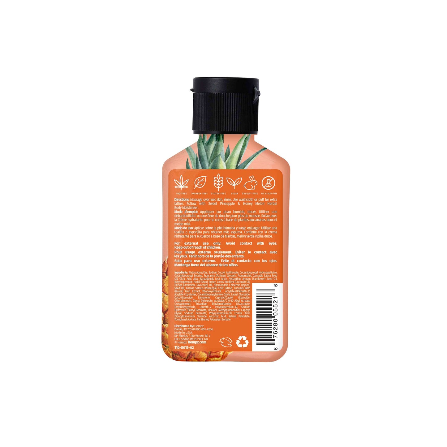 Hempz Travel-Size Sweet Pineapple & Honey Melon Herbal Body Wash to Exfoliate, Cleanse & Hydrate, Back