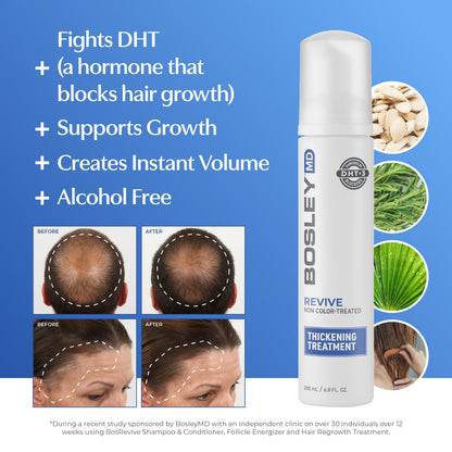 BosleyMD Revive Non Color-Treated Thickening Treatment. Fights DHT, supports growth, creates instant volume, and alcohol free.