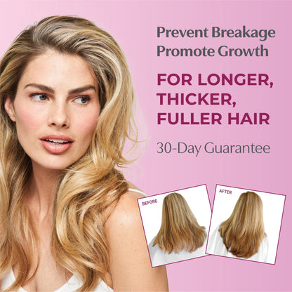 Prevent breakage promote growth. For longer, thicker, fuller hair. 30-day guarantee. Before and after images.