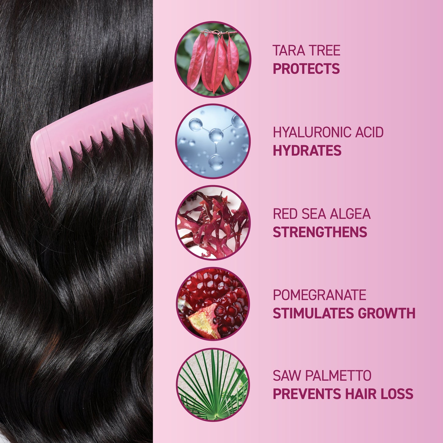 Tara tree protects, hyaluronic acid hydrates, red sea algae strengthens, pomegranate stimulates growth, saw palmetto prevents hair loss.