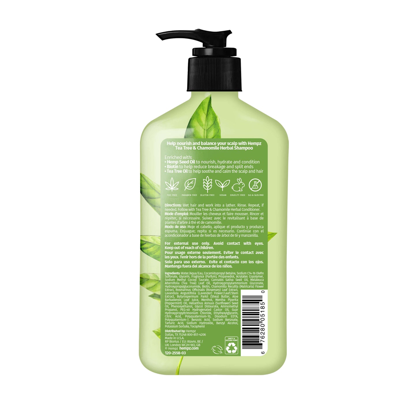 Hempz 17-Ounce Tea Tree & Chamomile Herbal Shampoo with Vegan Biotin & Tea Tree Oil for Scalp Care, Back