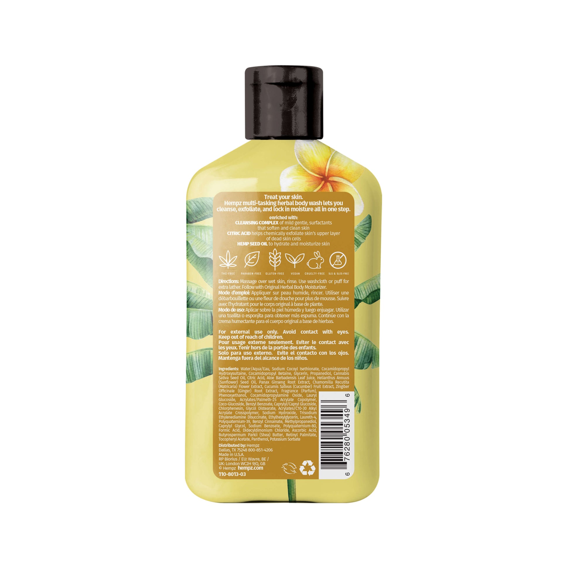 Hempz Original Floral Banana Herbal Body Wash to cleanse, exfoliate and hydrate, Back