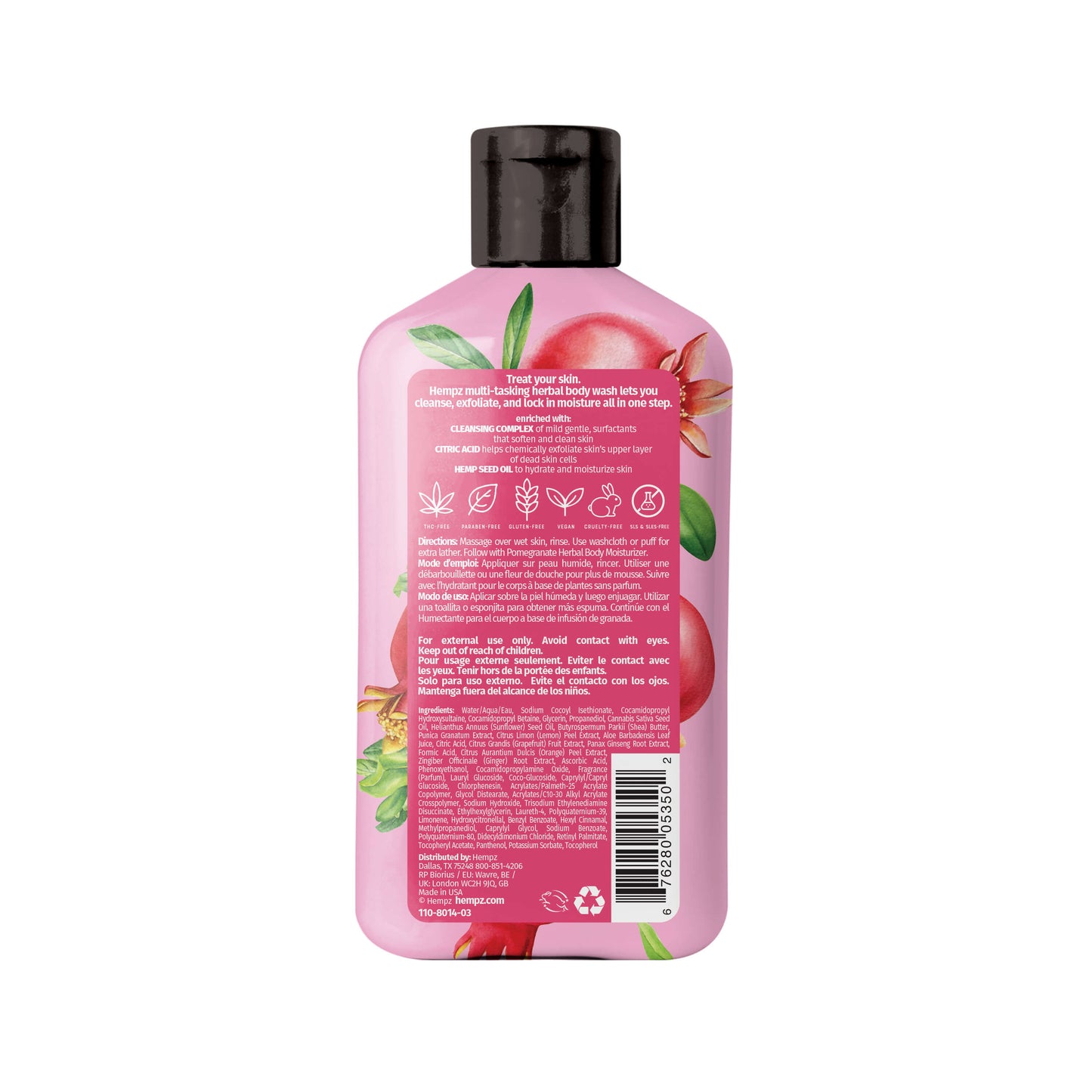 Hempz Pomegranate Herbal Body Wash to Cleanse, Exfoliate and Hydrate, Back