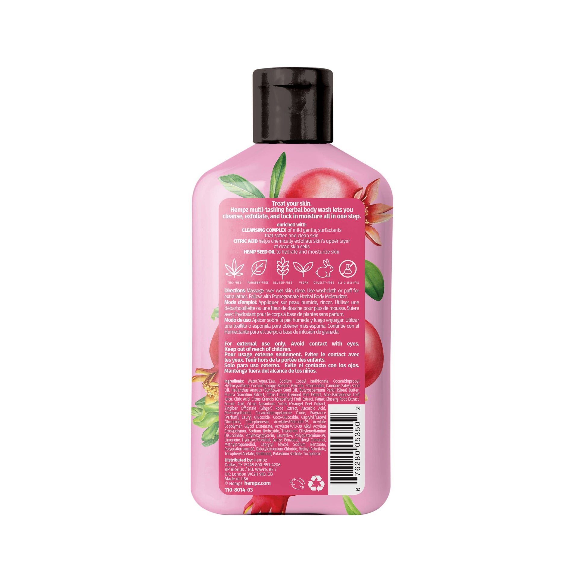 Hempz Pomegranate Herbal Body Wash to Cleanse, Exfoliate and Hydrate, Back