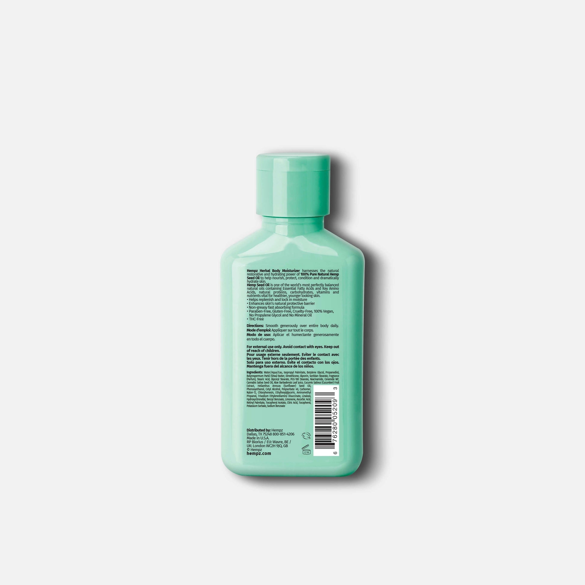 Back of Hempz Travel-Size Beauty Actives Cucumber & Aloe Herbal Body Moisturizer with Ceramides + B3