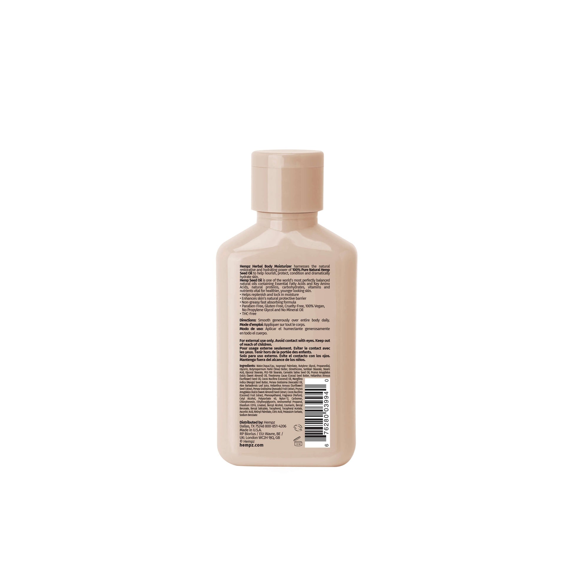 Hempz Travel-Size Koa & Sweet Almond Smoothing Herbal Body Moisturizing Lotion for Dry Skin, Back