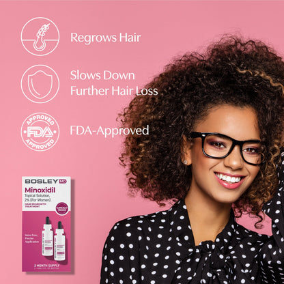 BosleyMD Minoxidil Topical Solution 2% for Women, regrows hair, slows down further hair loss, FDA-approved.