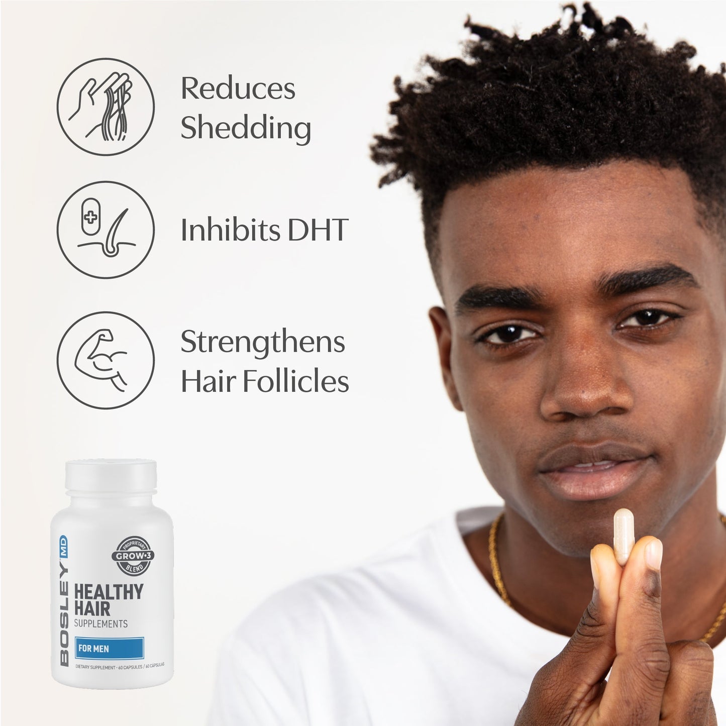 Healthy hair supplements for men. Reduces shedding, inhibits DHT, and strengthens hair follicles.