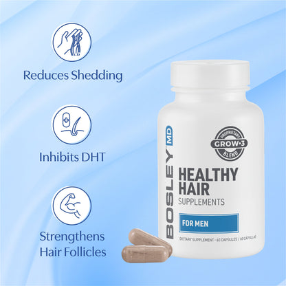 BosleyMD Healthy Hair Supplements for Men. Reduces shedding, inhibits DHT, and strengthens hair follicles.