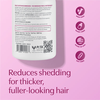 Back of the bottle. Reduces shedding for thicker, fuller-looking hair.